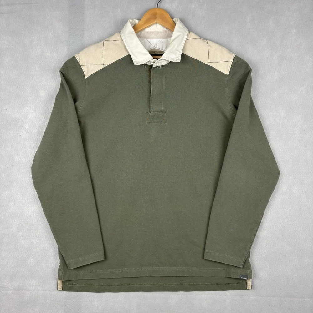 Eddie Bauer Rugby Shirt Men’s XL Green Heavyweight Cotton Quilted Shoulder